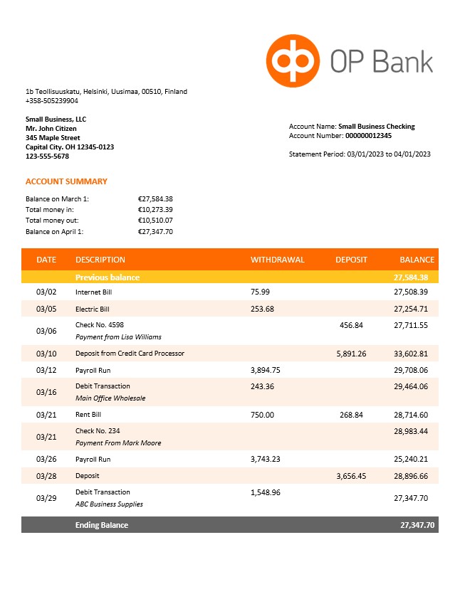 Modèle Word et PDF de relevé de compte d'entreprise OP Bank